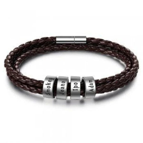 Personalized men's braided leather bracelet with stainless steel beads and custom name charm