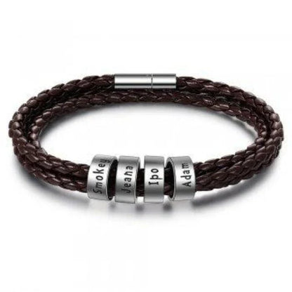 Personalized men's braided leather bracelet with stainless steel beads and custom name charm
