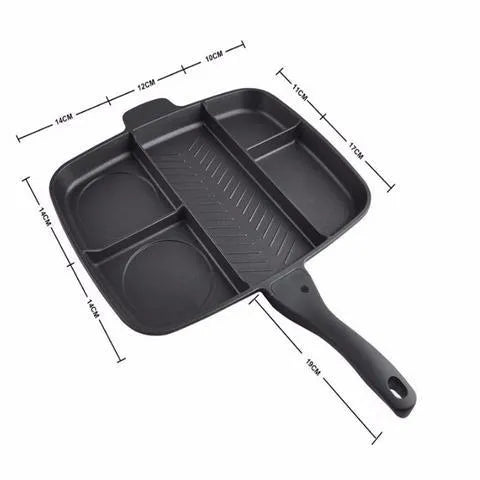 Large silver multifunctional 5 in 1 frying pan with non-stick coating and black handles.