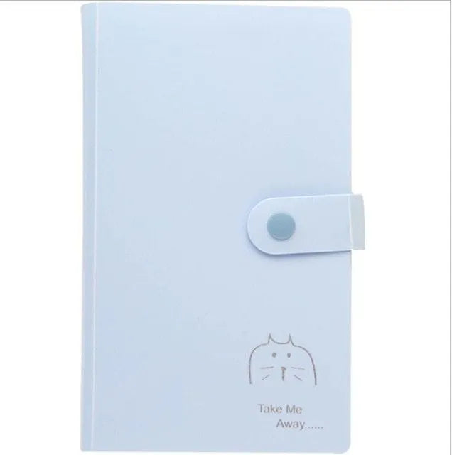 Blue PVC and PP business card holder book with a protective shell and smile logo, shown with business cards.