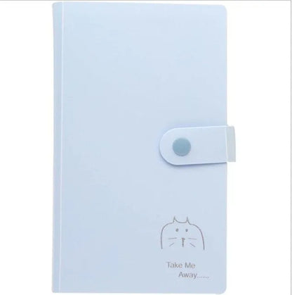 Blue PVC and PP business card holder book with a protective shell and smile logo, shown with business cards.