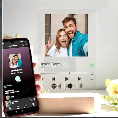 Custom Spotify Note Night Light with wood base, acrylic panel, and USB cable for personalised home decor