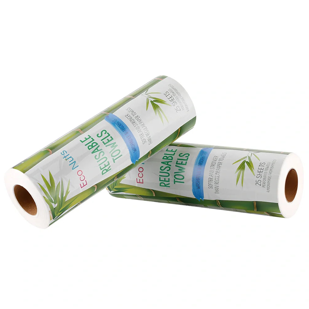Roll of reusable bamboo paper towels showing thick fibre texture and sustainable packaging