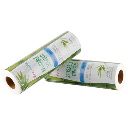 Roll of reusable bamboo paper towels showing thick fibre texture and sustainable packaging