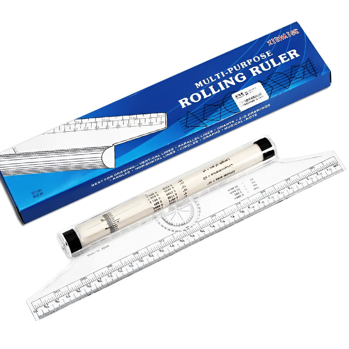 30cm plastic multifunctional rolling ruler for technical drawing with calibrated rollers and arc rapporteur