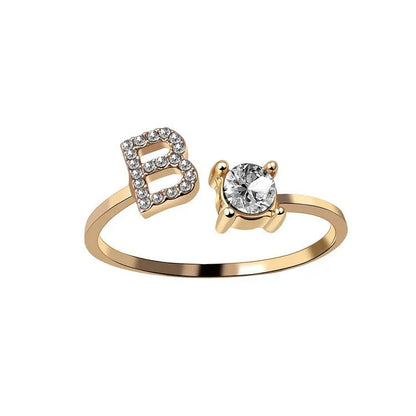 Personalized Initial Letter Adjustable Ring made of copper alloy and zircon, showcasing a vintage-inspired design