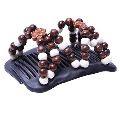 Elastic beaded hair comb with plastic frame and wooden beads, 17.5x10.3cm, vintage hair accessory