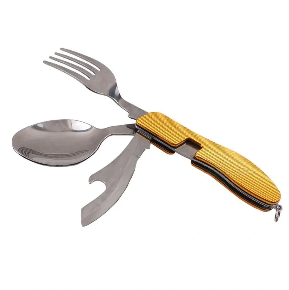 Green multi-functional 4-in-1 folding knife in stainless steel, showing folded knife, spoon, removable fork, and bottle opener for outdoor use