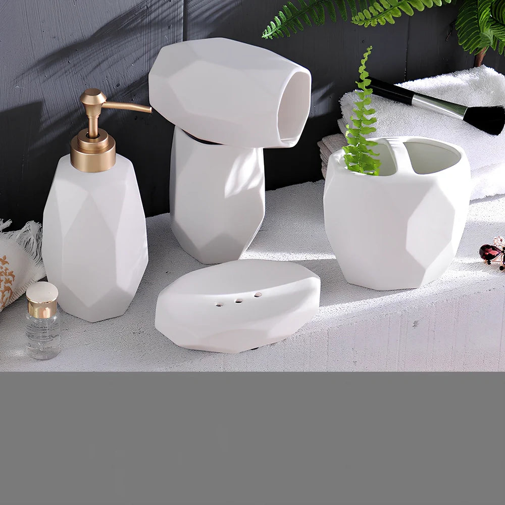 Five-piece ceramic bathroom set with diamond pattern matte finish in black and white options