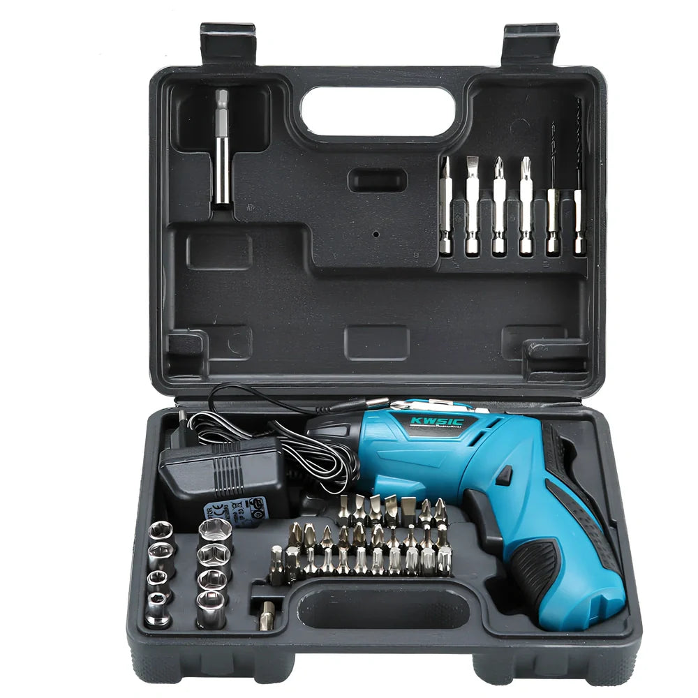 Blue 4.8V electric screwdriver with rotating handle and battery indicator light