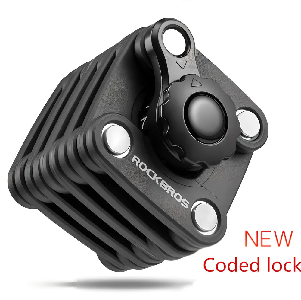 Black folding bicycle anti-theft chain lock, 585mm length with zinc alloy body and 3mm steel joints for secure bike protection