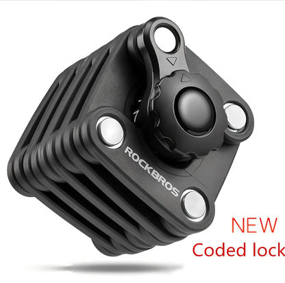 Black folding bicycle anti-theft chain lock, 585mm length with zinc alloy body and 3mm steel joints for secure bike protection