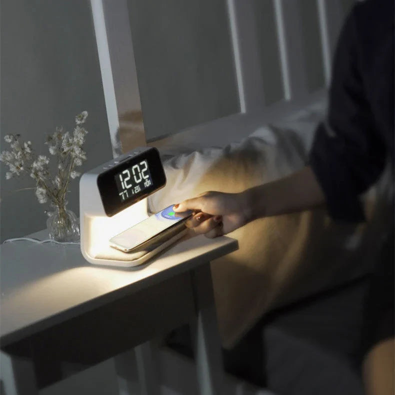 Versatile 3-in-1 bedside lamp with wireless charger, alarm clock, and adjustable LED lighting