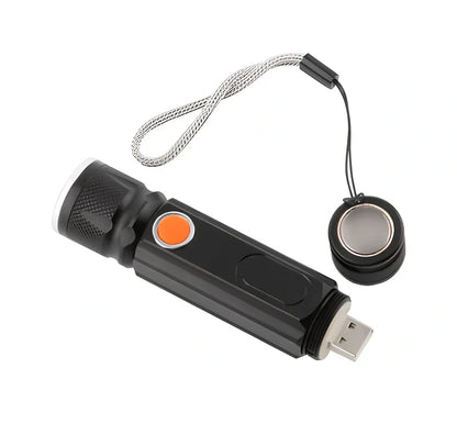 Black Soringrad rechargeable flashlight with magnet base, T6+COB lights, 18650 battery, 200m range for hiking and camping