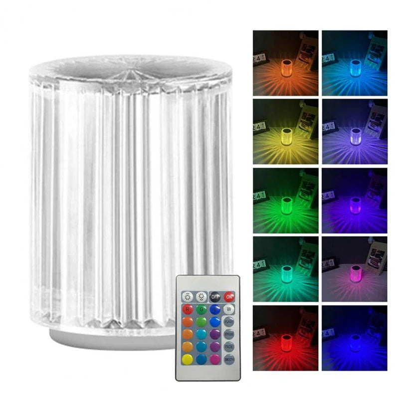 Elegant acrylic LED desk lamp with color-changing RGB lights, modern design, and touch or remote control lighting adjustments