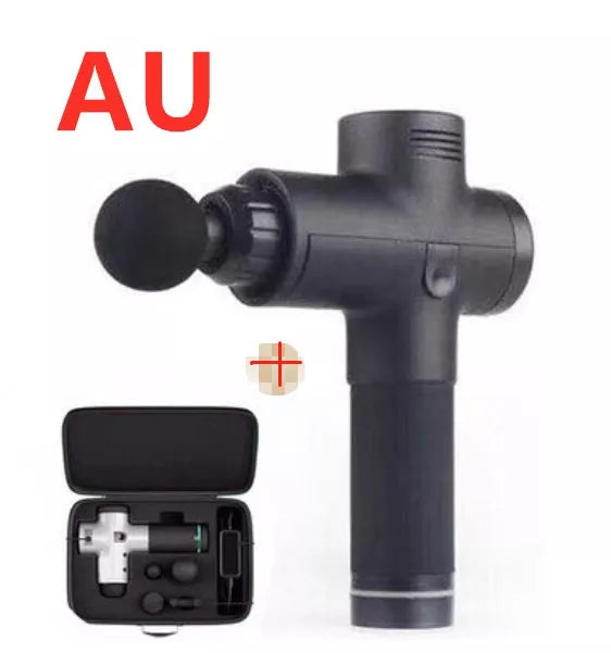 Relax Tissue Deep Muscle Massage Gun with 4 interchangeable heads on a white background