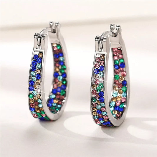 Colorful geometric diamond earrings for women in pink, purple, sky blue, and multicolor options