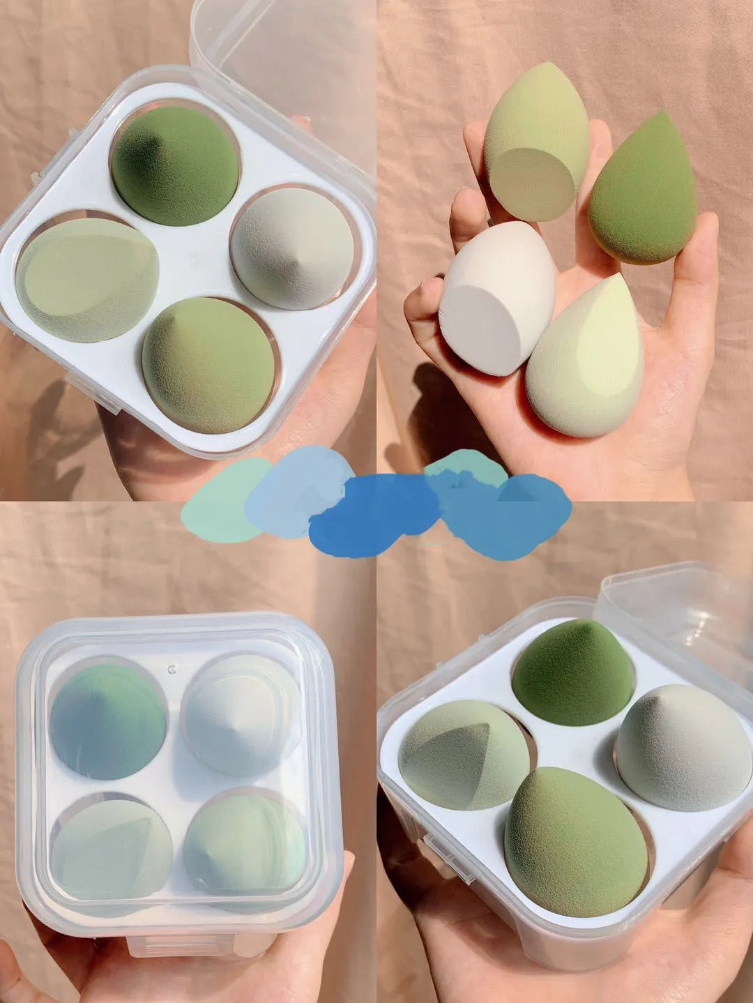 Four synthetic sponge makeup eggs in grape, mango, mint, and peach peach colours