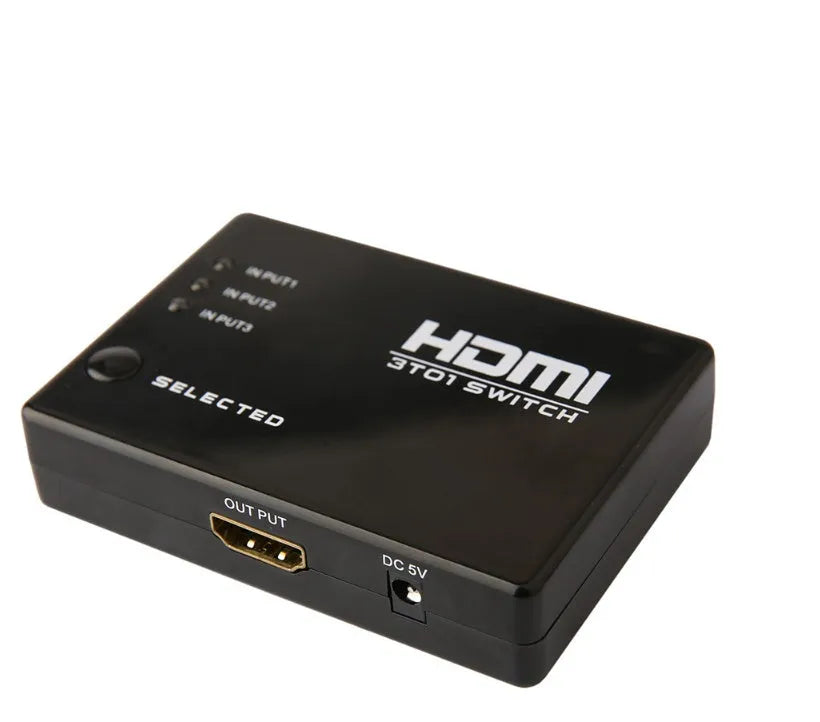 RobotSky black 3-port HDMI switch with IR remote, supports 1080p and HDMI 1.3b, compact 8 x 5.8 x 1.8cm