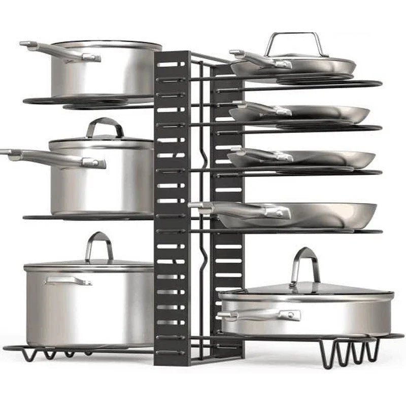 8-Tier Iron Pot Organizer Rack with Adjustable Shelves for Pots, Pans, and Lids in Black Finish