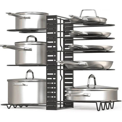 8-Tier Iron Pot Organizer Rack with Adjustable Shelves for Pots, Pans, and Lids in Black Finish