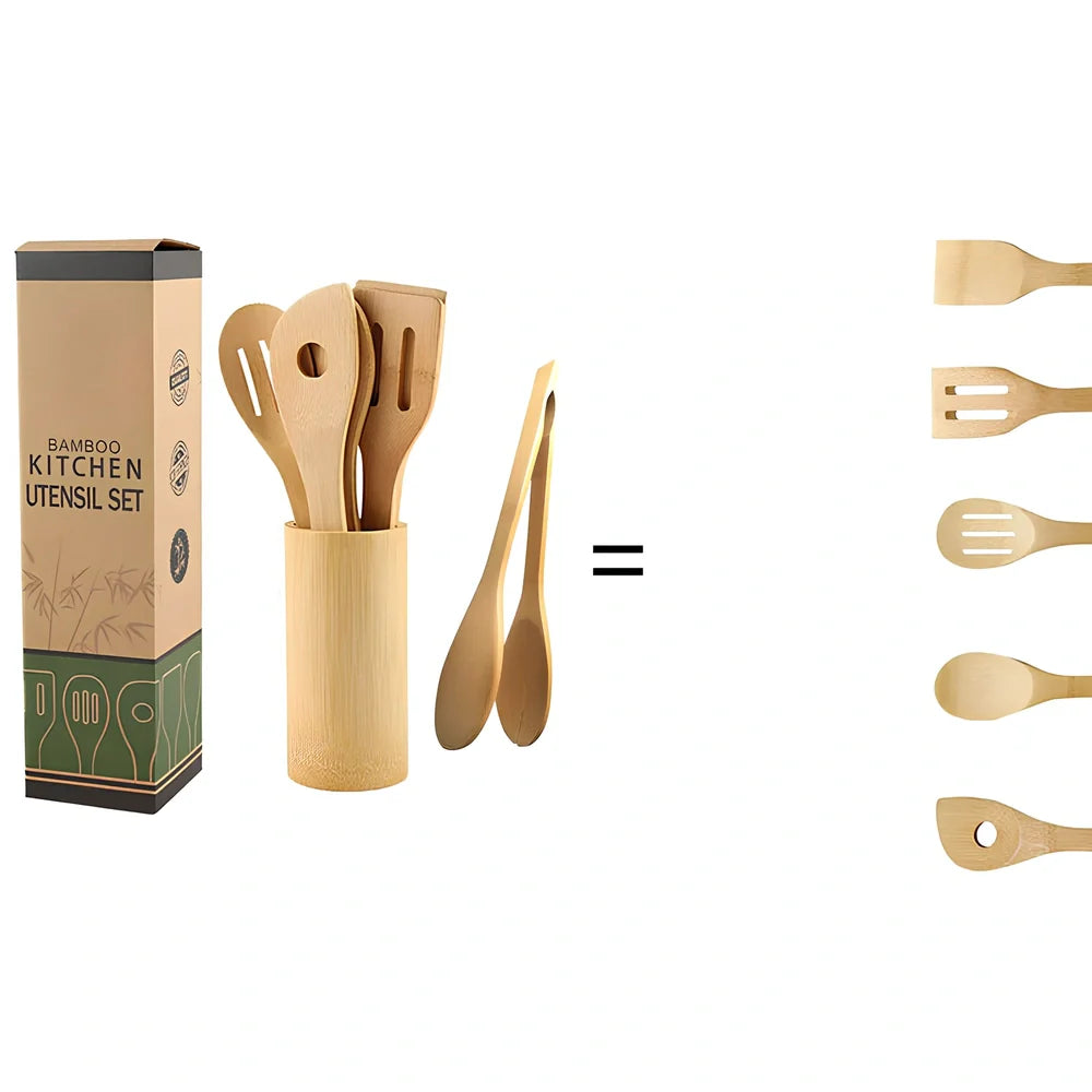 Bamboo spatula set with square bamboo holder containing various cooking utensils with ergonomic handles