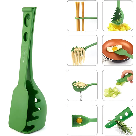 Plastic kitchen shovel and spaghetti spoon set with measurements shown