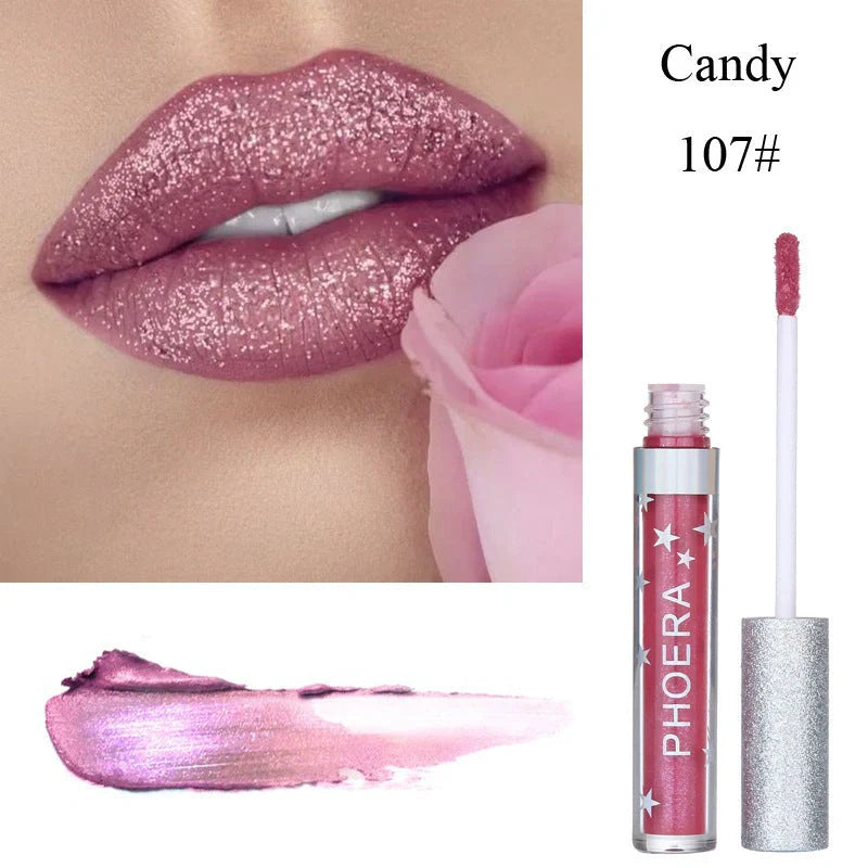 Glitter Liquid Lipstick in various shimmering colors, featuring a moisturizing and long-lasting formula