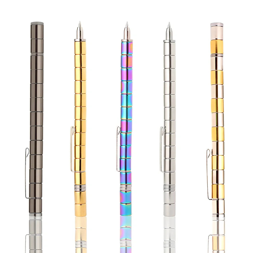 Magnetic transformation pen showing compass, spinning top, and phone stand configurations with 13 neodymium magnets
