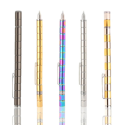 Magnetic transformation pen showing compass, spinning top, and phone stand configurations with 13 neodymium magnets