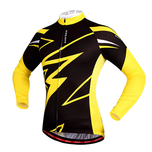 Long sleeve mountain bike cycling jersey in black white with breathable mesh underarms and reflective back for night rides, sizes S-XXL