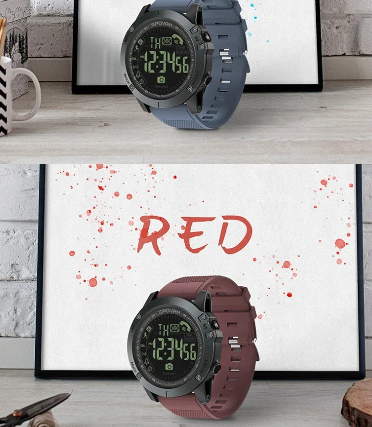 Waterproof round electronic fitness watch with step counter in blue, black, and red