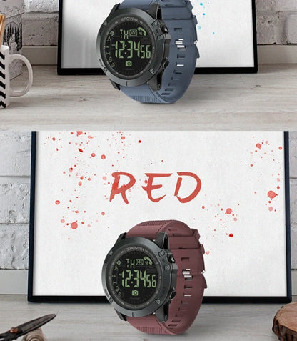 Waterproof round electronic fitness watch with step counter in blue, black, and red