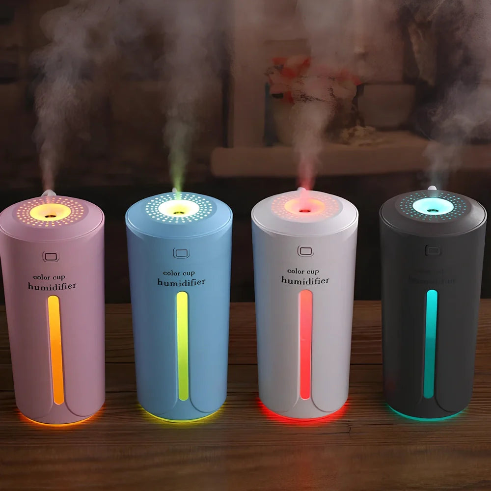 Mini USB humidifier with transparent water tank showing 7-colour LED illumination