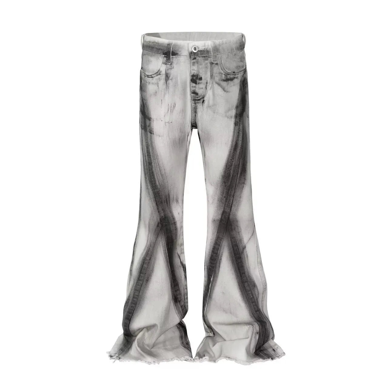 White cotton denim jeans trousers with black ribbon gradient detailing and mid-waist zip placket design