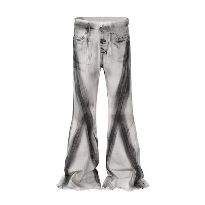 White cotton denim jeans trousers with black ribbon gradient detailing and mid-waist zip placket design