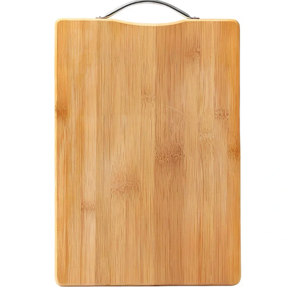 Bamboo cutting board with curved handle showing natural wood grain, rectangular shape with four size options
