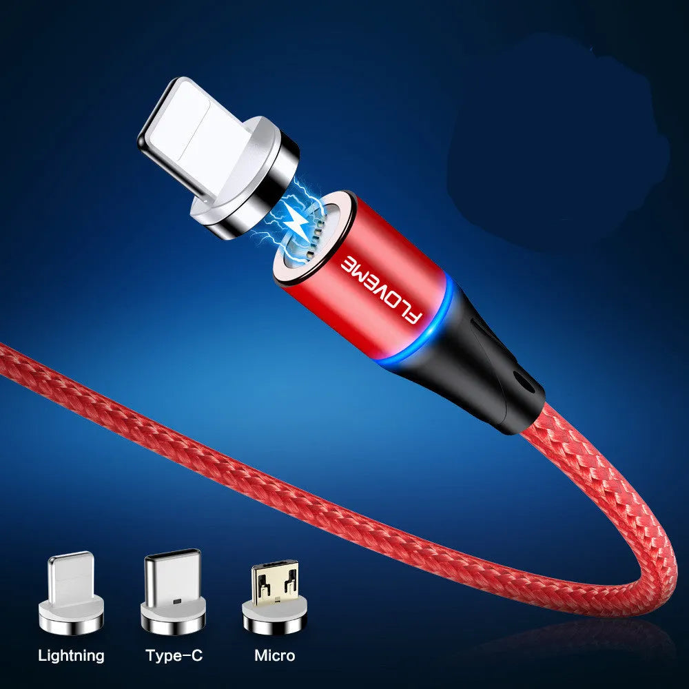 Black magnetic fast charge data cable with LED light and Type-C connector on a white background.
