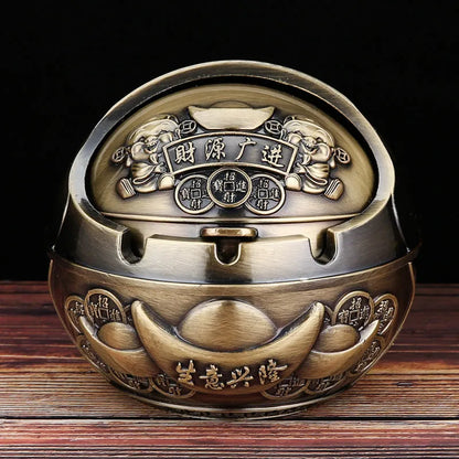 Alloy ashtray with smoke extinguishing slot in bronze finish, featuring Dragon and Phoenix motif, S size