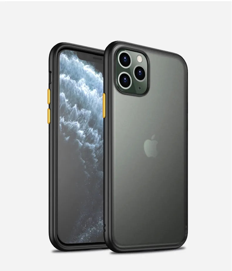 iPhone 11 series frosted protective back cover made from TPU and hard scratch-resistant PC with four corner hidden anti-fall airbags, simple solid colour design in black, green, purple, or red for iPhone 11, 11 Pro, and 11 Pro Max models.