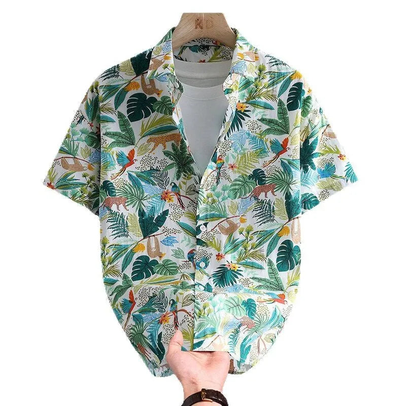 Men's Hawaiian style cotton summer shirt with floral printed pattern in cardigan design