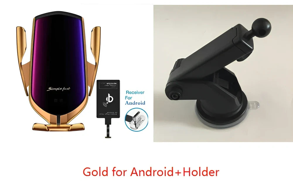 Black car wireless charger phone holder with suction cup mount and 360-degree rotation on a dashboard