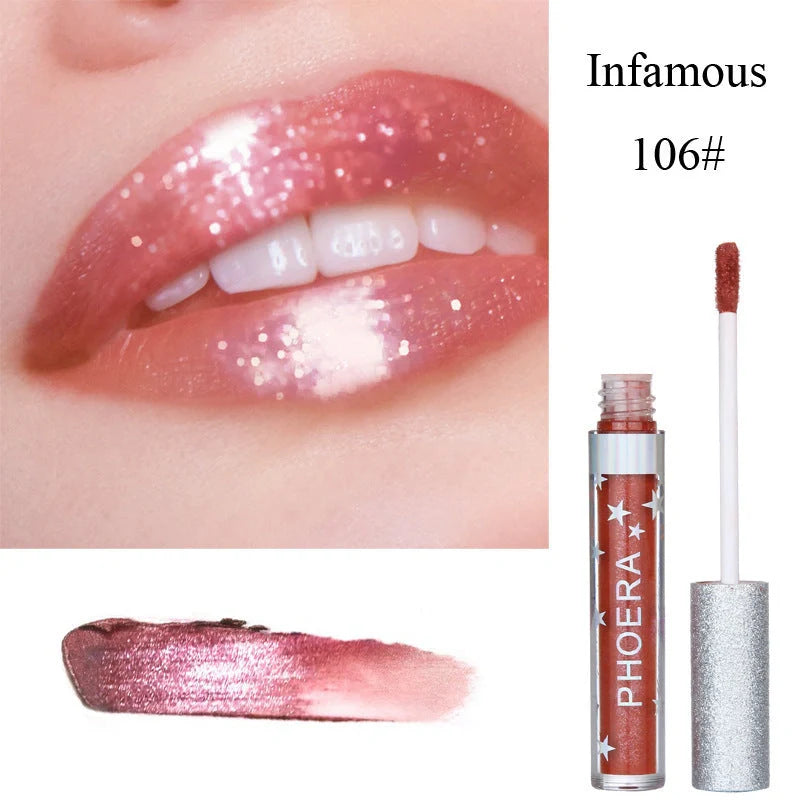 Glitter Liquid Lipstick in various shimmering colors, featuring a moisturizing and long-lasting formula