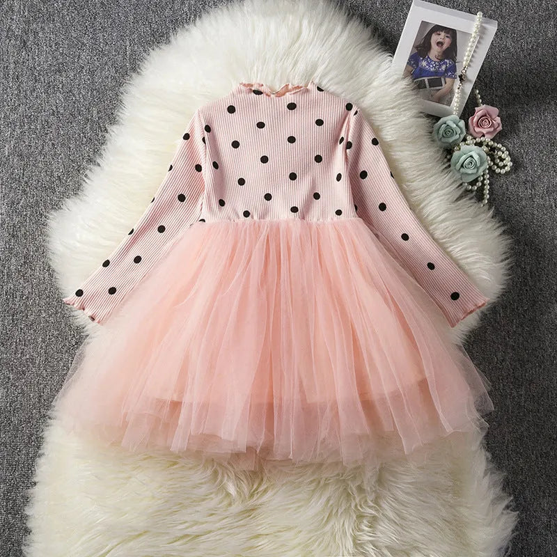 Baby girl's long sleeve black tutu lace dress with lace trim, shown on a hanger.