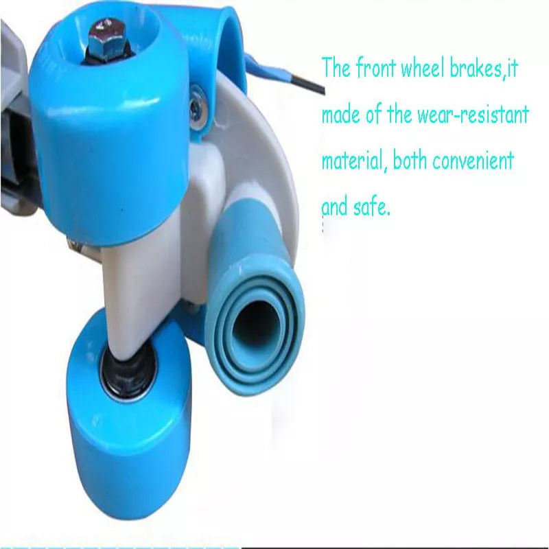 Adjustable double row skates with PUU wheels in blue, green, and pink