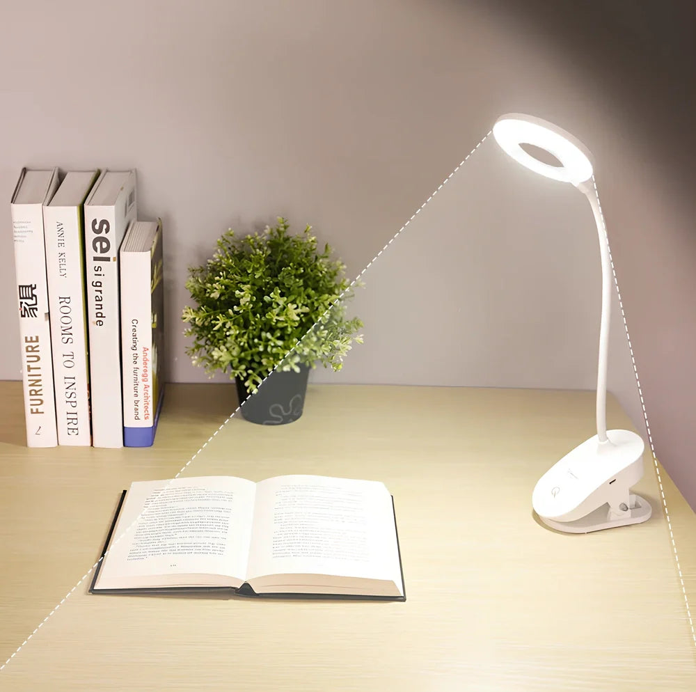 Porcelain white LED clip desk lamp with USB charging, 15cm tall for reading and eye protection