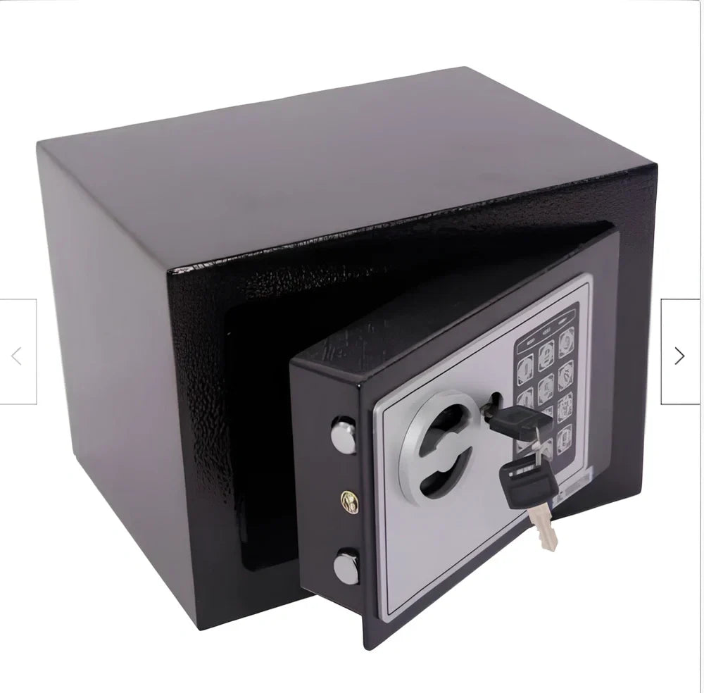 Mini office safe with digital password panel in black, white, blue, gold, pink, or red colour options