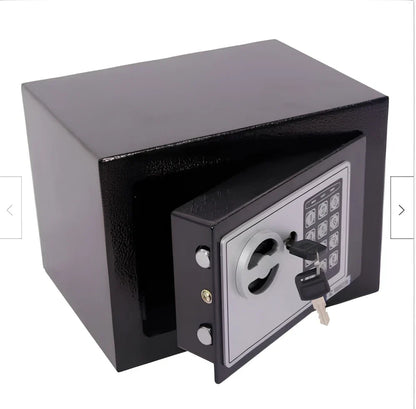 Mini office safe with digital password panel in black, white, blue, gold, pink, or red colour options