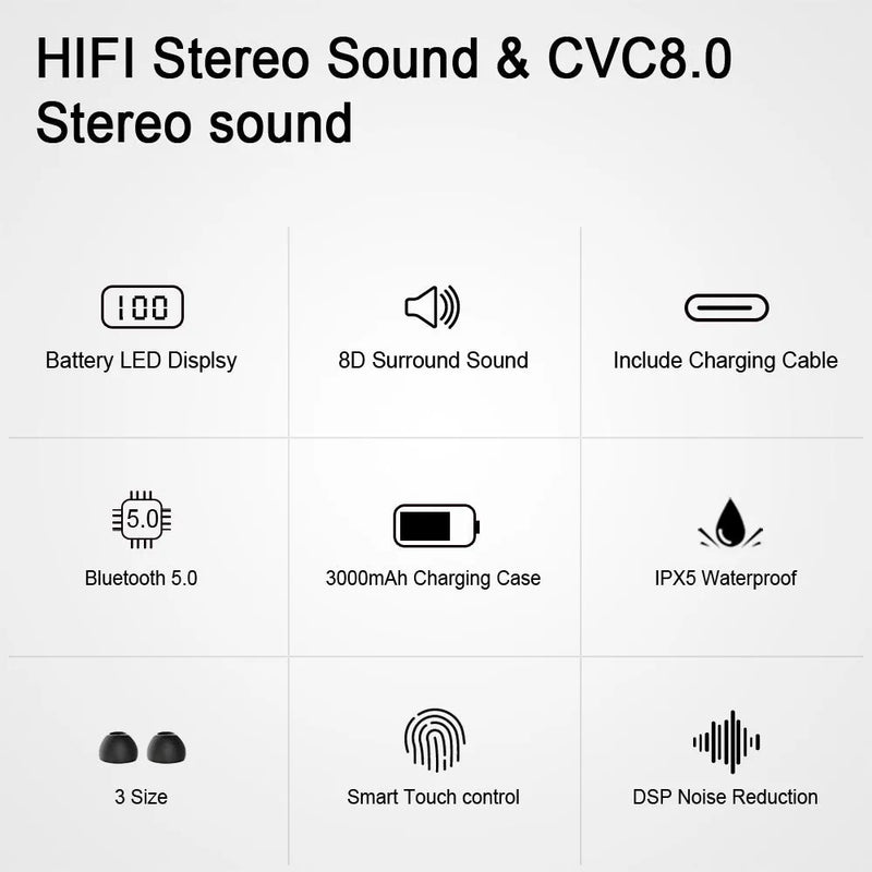 TWS Bluetooth 5.0 wireless stereo headphones with 15-metre transmission range, built-in power display, call and music functions, suitable for gifting at weddings, birthdays, festivals, and corporate events, in black