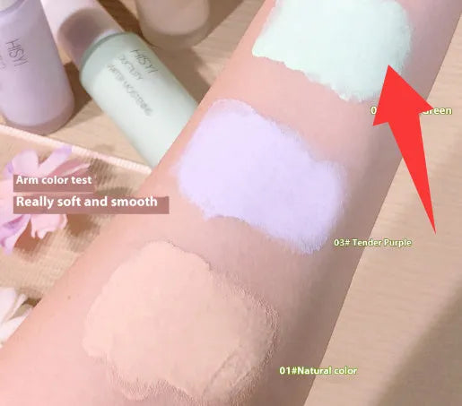 HISYI Silky Clear Makeup Primer bottle showing three shade options 01, 02, 03 for brightening skin.